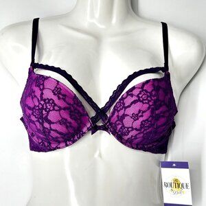 Victoria's Secret 32B Push Up Bra Purple Lace Strappy Front Adjustable Straps